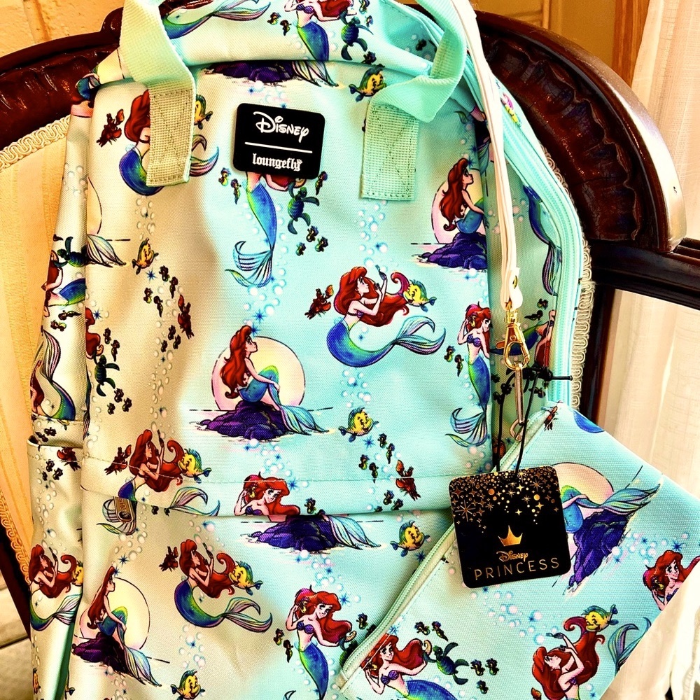 DISNEY NWT Official Loungefly Ariel Large Backpack with Matching Wristlet.